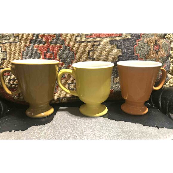 Vintage 1970s MCM Shenango China Set 3 Yellow Brown Tan Pedestal Mugs USA MINT! - Picture 2 of 6